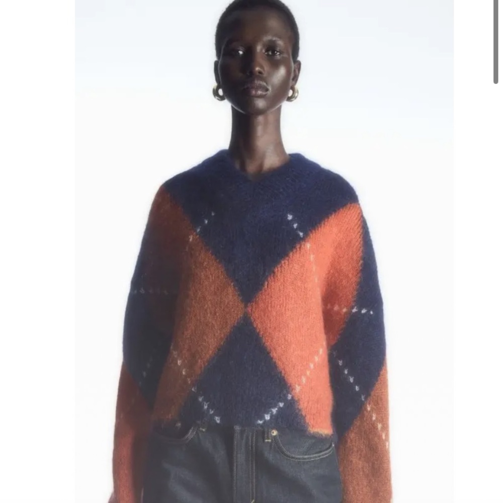 COS Women’s Navy Cropped Mohair Argyle Pullover Sweater Size S - Picture 3 of 12